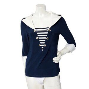 Joseph Ribkoff Collared Stripe Blouse Long Sleeve Stretch Top Navy White Office